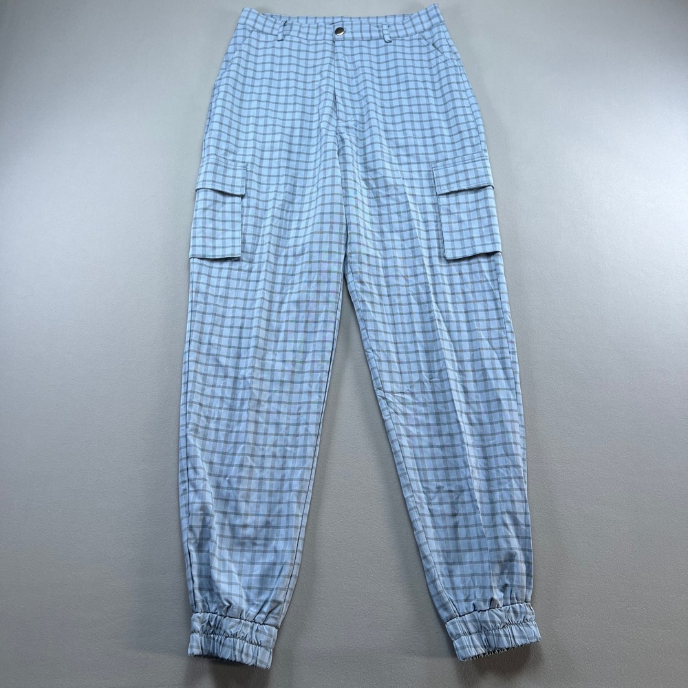 Missguided Jogger Pants Women 8 Blue Plaid Cargo Pockets Running Hiking Gorpcore